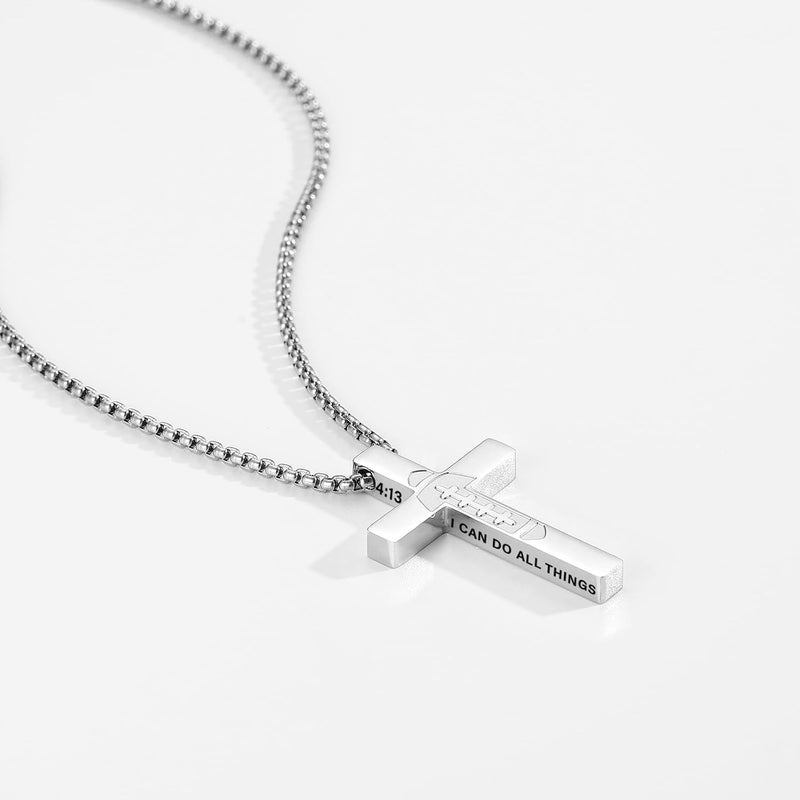 VULETO Football Cross Necklace for Boys Men, Stainless Steel Bible Verse Cross Pendant Chain Sports Gear Stuff Valentines Easter Christian Religious Jewelry Gifts for Teen Boys Kids - Image 1